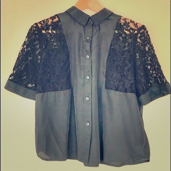 OLSONBOYE🌹Black Lace Blouse Short-Sleeve Top - Picture 7 of 8